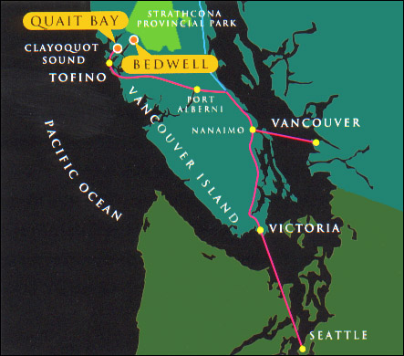 Map - Tofino, Vancouver Island, Vancouver, Seattle, Victoria, Strathcona Park, Quait Bay and Bedwell